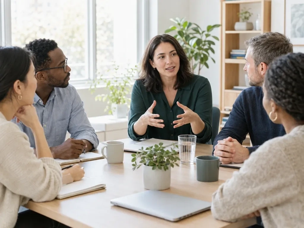 A speaker leading a discussion with a group