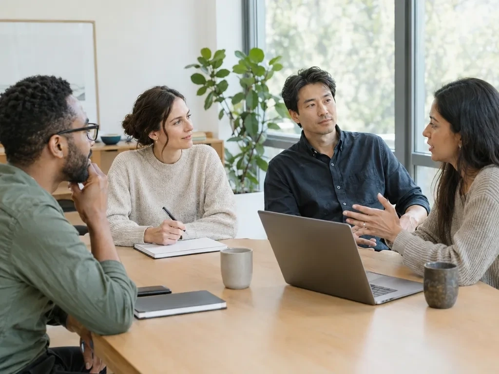 A team in a workshop, talking around a table